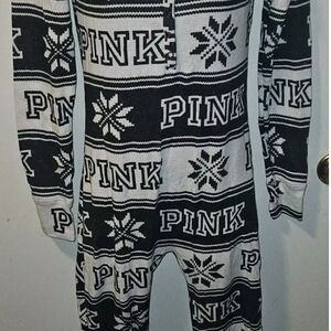 Victoria's Secret PINK S Black/White Thermal One Piece Holiday Pajamas fair isle